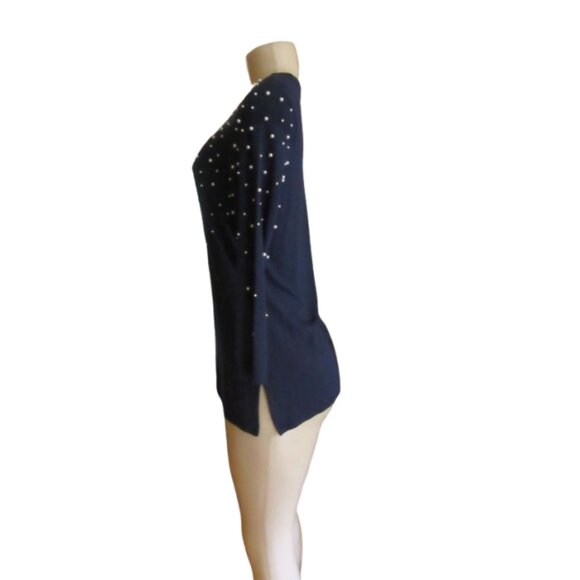 NWT, Chicos Navy Blue Long Sleeve Sweater w Faux Pearls Size XSP - Picture 3 of 7